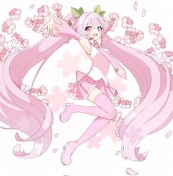  arms_up bare_shoulders boots breasts cherry_blossom_print cherry_blossoms cherry_hair_ornament commentary corrupted_twitter_file detached_sleeves female floral_print flower food-themed_hair_ornament full_body grid_background hair_ornament hatsune_miku high_heels highres jumping kusunokimizuha long_hair looking_at_viewer miniskirt necktie open_mouth outstretched_arms pink_eyes pink_flower pink_footwear pink_hair pink_necktie pink_skirt pink_sleeves pink_theme pink_thighhighs pleated_skirt sakura_miku sakuramon shirt skirt sleeveless sleeveless_shirt small_breasts smile solo symbol-only_commentary thigh_boots thighhighs twintails very_long_hair vocaloid white_shirt zettai_ryouiki 