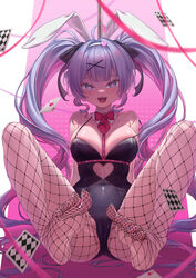  :d ace_(playing_card) ace_of_hearts animal_ears arms_behind_back bare_shoulders black_leotard blue_eyes blue_hair blue_nails blush bow bowtie breasts cameltoe card cleavage clothing_cutout covered_navel detached_collar female fishnet_pantyhose fishnets floating_card full_body hair_between_eyes hair_ornament hairband hatsune_miku heart heart-shaped_pupils heart_cutout heart_hair_ornament highres knees_apart_feet_together legs legs_up leotard long_hair medium_breasts multicolored_hair nail_polish pantyhose pink_hair playing_card pole rabbit_ears rabbit_girl rabbit_hole_(vocaloid) red_bow red_bowtie silentcity smile solo spaghetti_strap spread_legs strap_slip streaked_hair stripper_pole symbol-shaped_pupils twintails two-tone_hair very_long_hair vocaloid white_hairband x_hair_ornament 