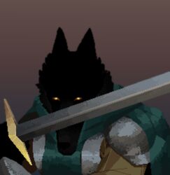  armor black_body canid canine canis cape clothing green_cape green_clothing knight male mammal melee_weapon mertvykhcrows silver_(metal) silver_armor solo sword warrior weapon wolf yellow_eyes 