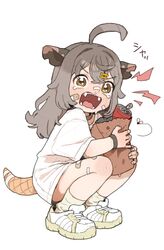  absurdres ahoge animal_ears bag bandaid bandaid_on_face brown_eyes brown_hair crying crying_with_eyes_open female frown growling highres long_hair looking_at_viewer macci_(opossumachine) open_mouth opossumachine original paper_bag possum_ears possum_girl possum_tail shirt shoes short_sleeves simple_background sneakers solo tears white_footwear white_shirt 