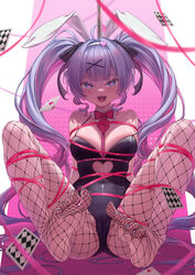  :d ace_(playing_card) ace_of_hearts animal_ears arms_behind_back bare_shoulders black_leotard blue_eyes blue_hair blue_nails blush bondage bondage bound bound_arms bound_legs bow bowtie breasts cameltoe card cleavage clothing_cutout covered_navel detached_collar female fishnet_pantyhose fishnets floating_card frogtie full_body hair_between_eyes hair_ornament hairband hatsune_miku heart heart-shaped_pupils heart_cutout heart_hair_ornament highres knees_apart_feet_together leg_ribbon legs legs_up leotard long_hair medium_breasts multicolored_hair nail_polish pantyhose pink_hair pink_ribbon playing_card pole rabbit_ears rabbit_girl rabbit_hole_(vocaloid) red_bow red_bowtie restrained ribbon silentcity skindentation smile solo spaghetti_strap spread_legs strap_slip streaked_hair stripper_pole symbol-shaped_pupils twintails two-tone_hair very_long_hair vocaloid white_hairband x_hair_ornament 