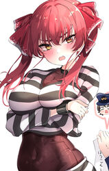  2girls absurdres alternate_costume arms_under_breasts blush breasts cleavage cropped_shirt hair_ribbon heterochromia highres hololive houshou_marine large_breasts leotard leotard_under_clothes looking_at_viewer multiple_girls oozora_subaru open_mouth prison_clothes red_eyes red_hair red_ribbon ribbon shirt striped_clothes striped_shirt virtual_youtuber white_background yellow_eyes yunon_oto_mad 