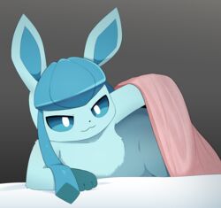  2024 3_fingers :3 ambiguous_gender anthro anthrofied bed_sheet bedding biped black_nose blanket blue_arms blue_body blue_ears blue_eyes blue_fur blue_inner_ear colored digital_media_(artwork) eeveelution fingers fur generation_4_pokemon glaceon gloves_(marking) gradient_background grey_background hi_res inviting inviting_under_covers kemono looking_at_viewer lying mammal markings nintendo nude on_side paws pokemon pokemon_(species) pokemorph pupils shaded simple_background smile solo sum under_covers white_pupils 