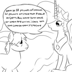  1:1 absurd_res alicorn copypasta crown dialogue duo english_text engrish equid equine female friendship_is_magic hasbro headgear hi_res horn horse looking_at_another male mammal meme monochrome my_little_pony mythological_creature mythological_equine mythology okay_so_18_pounds_of_cokane pony princess_celestia_(mlp) shitpost sitting sitting_on_ground sitting_position speech_bubble standing standing_position text tiara tuskonline unicorn_horn wings 