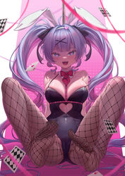  :d ace_(playing_card) ace_of_hearts animal_ears arms_behind_back bare_shoulders black_leotard blue_eyes blue_hair blue_nails blush bow bowtie breasts cameltoe card cleavage clothing_cutout covered_navel detached_collar female fishnet_pantyhose fishnets floating_card full_body hair_between_eyes hair_ornament hairband hatsune_miku heart heart-shaped_pupils heart_cutout heart_hair_ornament highres knees_apart_feet_together legs legs_up leotard long_hair medium_breasts multicolored_hair nail_polish pantyhose pink_hair playing_card pole rabbit_ears rabbit_girl rabbit_hole_(vocaloid) red_bow red_bowtie see-through silentcity smile solo spaghetti_strap spread_legs strap_slip streaked_hair stripper_pole symbol-shaped_pupils twintails two-tone_hair very_long_hair vocaloid white_hairband x_hair_ornament 