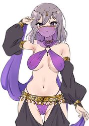  :o bare_shoulders bikini black_sleeves bracelet breasts breasts_apart commentary_request covered_nipples detached_sleeves dot_nose female grey_hair hair_between_eyes harem_outfit highleg highleg_bikini idoly_pride jewelry kanzaki_rio large_breasts legs_together long_sleeves looking_at_viewer medium_hair mouth_veil navel open_mouth plum_(arch) purple_bikini purple_eyes purple_veil sidelocks simple_background solo stomach straight-on swimsuit teeth thigh_gap veil white_background 