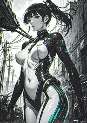  ai-generated black_hair blue_eyes bodysuit breasts cameltoe city covered_nipples eve_(stellar_blade) female highres looking_at_viewer medium_breasts navel partially_colored ponytail ruins silver_bodysuit skin_tight solo stellar_blade stomach thighs tight_clothes xenotrip 