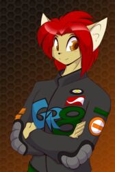  2016 anthro crossed_arms fur gradient_background hair looking_at_viewer male mammal mastergodai nascar orange_eyes pattern_background quick_bourne racing_suit rascals red_hair rodent sciurid simple_background solo tree_squirrel yellow_body yellow_fur 