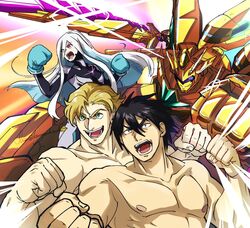  2boys :d ao_isami black_hair blonde_hair boxing_gloves bravern clenched_hand facial_hair female highres incoming_attack incoming_punch kurogahina lewis_smith looking_ahead lulu_(bang_bravern) mecha multiple_boys nude official_alternate_hairstyle pectorals punching robot sideburns_stubble smile stubble super_robot thick_eyebrows toned toned_male yuuki_bakuhatsu_bang_bravern 