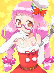  bad_id bad_pixiv_id bare_shoulders belt blush bow braid brown_belt brown_eyes chef_hat commentary_request cowboy_shot cream cream_on_face dress elbow_gloves female finger_in_own_mouth food food_on_face fur-trimmed_dress fur_trim glasses gloves hairbow hands_up hat highres holding holding_whisk ikzw kiki_ajimi licking licking_finger long_hair looking_at_viewer pink-framed_eyewear pink_bow pink_hair polka_dot polka_dot_bow pretty_series pripara red_bow red_dress red_ribbon ribbon santa_dress solo strapless strapless_dress twin_braids whisk white_gloves white_hat yellow_background 