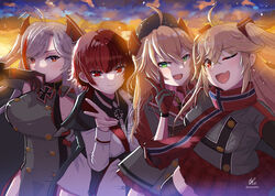  4girls admiral_hipper_(azur_lane) antenna_hair azur_lane blonde_hair bluecher_(azur_lane) breasts commentary cross echo_(lowlow808) gloves green_eyes grey_gloves grey_hair hair_between_eyes headgear iron_cross jacket large_breasts long_hair looking_at_viewer miniskirt multicolored_clothes multicolored_hair multicolored_jacket multicolored_scarf multiple_girls oerba_yun_fang one_eye_closed open_mouth orange_eyes plaid plaid_skirt prinz_eugen_(azur_lane) red_eyes red_gloves red_hair red_skirt scarf short_hair siblings sideless_shirt sisters skin_fang skirt smile streaked_hair two-tone_gloves two-tone_jacket weser_(azur_lane) 