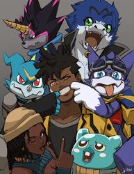  anthro bandai_namco beanie black_hair clothing digimon digimon_(species) ear_piercing ear_ring espimon eyewear female goggles grin group group_photo gulusgammamon gumdramon hair hat headgear headwear hi_res horn human kloudraws locs male mammal piercing ring_piercing smile veemon 