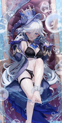  :d absurdres ahoge air_bubble ankle_scrunchie ascot asymmetrical_gloves bare_shoulders barefoot black_bra black_gloves black_panties blue_eyes blue_hair blue_hat blue_jacket bow bow_bra bra breasts bubble dorsiflexion feet female foot_out_of_frame furina_(genshin_impact) genshin_impact gloves hair_between_eyes hat heterochromia highres jacket knee_up legs light_blue_hair long_hair long_sleeves looking_at_viewer medium_breasts mismatched_gloves multicolored_hair navel open_clothes open_jacket paid_reward_available panties scrunchie sitting smile solo thigh_strap toenails toes top_hat ttkaki underwear very_long_hair white_gloves white_hair white_scrunchie 