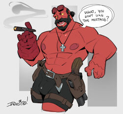  1boy alternate_facial_hair arts_of_indiego bald_spot bara blank_eyes broken_horn bulge colored_skin commentary cropped_legs cross cross_necklace demon_boy english_commentary facial_hair gauntlets gun hellboy hellboy_(comic) highres horns jewelry large_pectorals looking_at_viewer male_focus mature_male monster_boy moustache muscular muscular_male mutton_chops necklace nipples pectorals raised_eyebrows red_skin short_shorts shorts smoking solo standing strongman_waist thick_mustache thick_thighs thighs topless_male weapon 