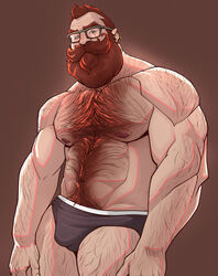  1boy back_hair bara beard beard_over_mouth black_male_underwear boxer_briefs brown_hair bulge check_copyright copyright_request facial_hair full_beard glasses hairy hand_hair highres large_pectorals male_focus male_underwear mature_male moustache mr_nellory muscular muscular_male nipple_hair old old_man original pectorals short_hair sparse_arm_hair thick_beard thick_chest_hair thick_leg_hair thick_mustache underwear very_hairy wrinkled_skin 