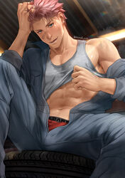  1boy abs bara blue_eyes brown_hair clothes_lift dan_(mondi_hl) grey_jumpsuit grey_tank_top highres jumpsuit large_pectorals looking_at_viewer male_focus male_underwear mondi_hl muscular muscular_male navel nipples open_jumpsuit open_mouth original pectorals red_male_underwear short_hair smile solo tank_top twitter_username underwear 