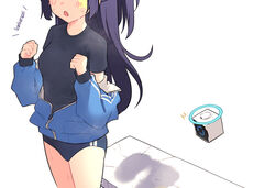  ^^^ black_buruma black_shirt blue_archive blue_jacket blush breasts buruma drone facial_mark fat_joke female ganbaru_pose ganbaruzoi jacket long_hair lyrinne medium_breasts official_alternate_costume official_alternate_hairstyle open_mouth partially_unzipped ponytail purple_hair romaji_text shirt short_sleeves simple_background solo star_(symbol) sweat_residue track_jacket white_background yuuka_(blue_archive) yuuka_(track)_(blue_archive) 