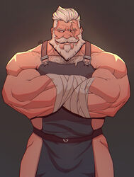  1boy alternate_costume apron bandaged_arm bandages bara beard bulge cowboy_shot crossed_arms facial_hair forearms full_beard highres large_pectorals male_focus mature_male moustache mr_nellory muscular muscular_male naked_apron old old_man overwatch partially_blind pectoral_cleavage pectorals reinhardt_(overwatch) scar scar_across_eye short_hair sidepec thick_beard thick_chest_hair thick_mustache white_hair wrinkled_skin 