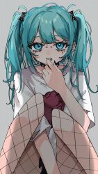  absurdres akita_aaa arm_between_legs barbell_piercing blue_eyes blue_hair bow bridge_piercing collar commentary_request ear_piercing earrings female fingernails fishnet_pantyhose fishnets hairbow hand_up hatsune_miku highres industrial_piercing jewelry knees_up lip_piercing lip_ring long_fingernails long_hair looking_at_viewer nail_polish pantyhose piercing sad_girl_sex_(vocaloid) shirt solo spiked_collar spikes t-shirt torn_clothes torn_shirt twintails vocaloid 