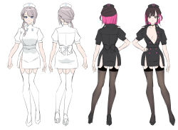  2girls black_hair blue_eyes breasts chigusa_minori cleavage dress grey_hair hair_ornament hairclip hat large_breasts long_hair multicolored_hair multiple_girls nurse nurse_cap official_alternate_costume official_art pantyhose parted_lips purple_eyes reference_sheet saotome_shino_(shino_to_ren) shino_to_ren shirayuki_ren shirt short_sleeves simple_background smile thighhighs 