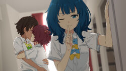  3girls blue_bow blue_bowtie blue_hair blurry blurry_background bow bowtie brown_hair closed_eyes collared_shirt commentary_request dark-skinned_female dark_skin finger_to_mouth green_bow green_bowtie hair_bobbles hair_ornament hand_on_another&#039;s_back highres hug indoors kissing komari_chika laofuzi_dai_bansho looking_at_viewer make_heroine_ga_oo_sugiru! medium_hair multiple_girls mutual_hug one_eye_closed revision school_uniform shirt short_hair short_ponytail short_sleeves shushing side_ponytail smile upper_body white_shirt yakishio_lemon yanami_anna yellow_bow yellow_bowtie yuri 