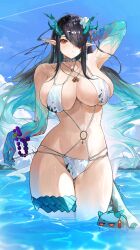  arknights bare_shoulders black_hair breasts cleavage colored_skin dragon_girl dragon_horns dusk_(arknights) earrings female hair_over_one_eye highres horns jewelry long_hair multicolored_hair ocean one-piece_swimsuit pointy_ears red_eyes solo swimsuit yuki_flourish 