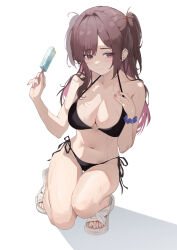  abin_(jamp7423) absurdres bare_arms bare_legs bare_shoulders bikini black_bikini blue_scrunchie borrowed_character breasts brown_hair cleavage closed_mouth collarbone colored_inner_hair ear_piercing female food full_body groin hair_intakes halterneck hand_on_own_chest hands_up heart_o-ring heart_ring_top highres holding holding_food holding_popsicle large_breasts light_blush long_hair looking_at_viewer multicolored_hair multiple_piercings nail_polish navel on_one_knee original parted_bangs piercing pink_eyes pink_hair pink_nails popsicle sandals scrunchie shadow side-tie_bikini_bottom simple_background smile solo string_bikini swimsuit thigh_gap toenail_polish toenails two_side_up wet white_background white_footwear white_nails wrist_scrunchie 