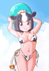  animal_ears animal_print ball beachball bell bikini black_hair blush bow breasts cow_ears cow_girl cow_print cow_print_bikini cow_tail female highres holstein_friesian_cattle_(kemono_friends) kemono_friends large_breasts multicolored_hair navel print_bikini short_hair side-tie_bikini_bottom smile solo swimsuit tail tail_bell tail_bow tail_ornament two-tone_hair white_hair yosiyuki_yosizou 