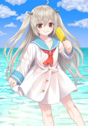  ahoge atri atri-my_dear_moments- black_ribbon blue_sailor_collar blue_sky brown_hair cloud collarbone commentary_request day dress feet_out_of_frame female food grin hair_between_eyes hair_ribbon highres holding holding_food holding_popsicle horizon ice_cream long_hair long_sleeves looking_at_viewer ocean outdoors popsicle red_eyes revision ribbon sailor_collar sailor_dress see-through_silhouette sky sleeves_past_wrists smile solo standing tukino_neru two_side_up very_long_hair water white_dress 