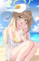  :d absurdres armpit_crease bare_shoulders beach bikini blue_archive blush breasts cleavage collarbone commentary convenient_leg curvy day feet_out_of_frame female flower green_eyes green_halo halo halterneck hand_up happy hat hat_flower highres index_finger_raised kukeylove large_breasts light_brown_hair long_hair looking_at_viewer nonomi_(blue_archive) nonomi_(swimsuit)_(blue_archive) ocean open_mouth outdoors side-tie_bikini_bottom sidelighting sidelocks smile solo squatting straight_hair string_bikini sun_hat sunlight swimsuit thighs very_long_hair white_hat yellow_bikini yellow_flower 