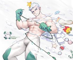  1boy abomasnow abs artist_name bara breezem18 bulge christmas_lights christmas_ornaments commentary english_commentary gloves green_gloves highres male_focus muscular muscular_male nipples paid_reward_available pectorals personification pointy_ears pokemon reference_inset short_hair single_sock snow socks solo topless_male undercut unworn_socks white_background white_hair 