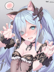  absurdres animal_ears aqua_eyes azur_lane black_choker blue_hair blush breasts cat_ears choker claw_pose cleavage collarbone eyes_visible_through_hair fake_animal_ears female hair_over_one_eye halloween_costume hands_up highres janus_(azur_lane) janus_(fright-night_scaredy-cat)_(azur_lane) official_alternate_costume open_mouth pink_nails signature small_breasts solo spoken_blush sunebu_(snake_boo2) sweatdrop twintails upper_body wavy_mouth 