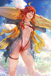  ahoge blonde_hair blue_sky cloud day female genshin_impact grey_shirt highres holding holding_surfboard long_hair mavuika_(genshin_impact) miaosu navel ocean one-piece_swimsuit open_clothes open_mouth open_shirt red_hair red_one-piece_swimsuit revision shirt sky solo standing stomach surfboard swimsuit teeth thigh_strap thighs upper_teeth_only very_long_hair water 