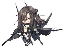  absurdres aircraft bandeau black_gloves black_shorts brown_hair chibi chibi_only christina_brecht counter:side crossed_bangs female full_body gloves gun hair_ornament headpiece highres holding holding_gun holding_weapon jacket knee_pads leg_up long_hair looking_at_viewer navel orange_eyes parted_bangs rifle scope shorts simple_background smirk solo thighhighs transparent_background wbs weapon x_hair_ornament 