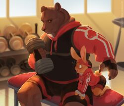  anthro athletic_wear bear blush bottomwear clothed clothing duo exercise fur gym gym_bottomwear gym_shorts heavy_(team_fortress_2) hi_res hoodie lagomorph leporid male male/male mammal muscular muscular_male overweight rabbit scout_(team_fortress_2) shorts size_difference smile tail team_fortress_2 teamfurtress topwear valve weightlifting workout 