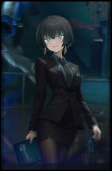  absurdres allmind_(armored_core_6) armored_core armored_core_6 black_hair black_necktie black_pantyhose black_shirt black_skirt collared_shirt cropped_legs earrings female green_eyes green_shirt highres indoors jewelry jyugomio long_sleeves looking_back medium_hair mole mole_under_eye necktie open_mouth pantyhose shirt skirt smile solo standing 