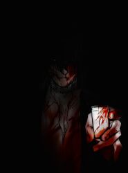  1boy arthurlogansdps black_background blood blood_on_clothes blood_on_face blood_on_hands cellphone commentary_request dark glowing glowing_eye highres holding holding_phone looking_at_viewer male_focus original phone short_hair simple_background smartphone solo upper_body 