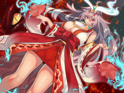  bare_shoulders blue_fire breasts cleavage commission cowboy_shot dragon duel_monster female fire grey_hair japanese_clothes kimono kurikara_divincarnate large_breasts long_hair red_eyes red_skirt senjo skeb_commission skirt slit_pupils solo_focus white_kimono yu-gi-oh! 