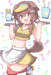  :d absurdres animal_ears apron bare_arms blush bone_hair_ornament braid breasts brown_hair cartoon_bone cleavage commentary_request dog_ears dog_girl dog_tail female food french_fries frilled_apron frills hair_between_eyes hair_ornament hair_over_shoulder hands_up hat highres holding holding_tray hololive hoso-inu inugami_korone looking_at_viewer low_twintails medium_breasts oerba_yun_fang red_eyes red_thighhighs roller_skates shirt simple_background skates skirt sleeveless sleeveless_shirt smile solo standing standing_on_one_leg tail thighhighs tray twin_braids twintails umberblack virtual_youtuber visor_cap waist_apron white_apron white_background white_footwear yellow_hat yellow_shirt yellow_skirt 