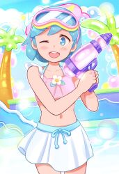  absurdres aragon_honnin bikini blue_eyes blue_hair collarbone female goggles goggles_on_head highres holding holding_water_gun looking_at_viewer navel one_eye_closed open_mouth original pink_bikini short_hair solo swimsuit teeth upper_teeth_only water_gun 