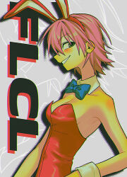  absurdres animal_ear_hairband animal_ears arm_at_side armpits bare_shoulders blue_bow blue_bowtie blush bow bowtie breasts cleavage collarbone copyright_name detached_collar drop_shadow fake_animal_ears female flcl from_side green_eyes grey_background grin hair_between_eyes hairband halftone_texture hand_on_own_hip haruhara_haruko highres leotard looking_at_viewer looking_to_the_side medium_breasts menma_(enaic31) parted_lips pink_hair playboy_bunny profile rabbit_ear_hairband rabbit_ears red_hairband red_leotard short_hair smile solo strapless strapless_leotard upper_body wrist_cuffs zoom_layer 