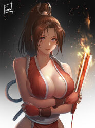  artist_name bare_shoulders breasts brown_hair cleavage collarbone commentary crossed_arms fatal_fury fatal_fury:_city_of_the_wolves female fire folding_fan gradient_background hand_fan high_ponytail highres holding japanese_clothes large_breasts lips long_hair looking_at_viewer parted_bangs parted_lips ponytail rope shiranui_mai signature simple_background sleeveless sweat sweatdrop the_king_of_fighters tomo_eokaiteru upper_body 