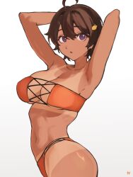  ahoge arms_behind_head bikini black_hair breasts cleavage commentary_request cowboy_shot dark-skinned_female dark_skin female food-themed_hair_ornament fukuya_art hair_ornament highres large_breasts lemon_hair_ornament make_heroine_ga_oo_sugiru! orange_bikini purple_eyes short_hair solo strapless strapless_bikini swimsuit tan tanlines white_background yakishio_lemon 