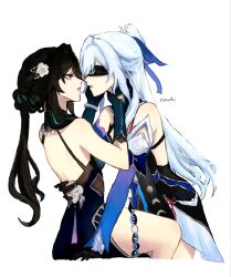  2girls backless_dress backless_outfit bare_back bare_shoulders black_hair blindfold blue_eyes blue_hair blue_ribbon dress hair_ribbon highres honkai:_star_rail honkai_(series) jingliu_(honkai:_star_rail) long_hair multiple_girls parted_lips ponytail ribbon ruan_mei_(honkai:_star_rail) thighs very_long_hair yuri zahauku 