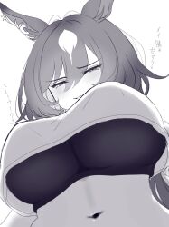  alternate_costume animal_ears blush breasts crop_top crop_top_overhang ear_ornament female greyscale grin hair_between_eyes highres horse_ears horse_girl large_breasts long_hair looking_at_viewer midriff mmm_(mmm623) monochrome multicolored_hair navel simple_background sirius_symboli_(umamusume) smile solo sports_bra streaked_hair translation_request umamusume underboob upper_body white_background 