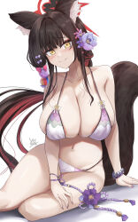  animal_ear_fluff animal_ears beads bikini blue_archive breasts commentary_request female flower fox_ears fox_girl fox_tail hair_flower hair_ornament halo highres ibara_azuki large_breasts official_alternate_costume partial_commentary red_halo simple_background solo string_bikini swimsuit tail thigh_strap wakamo_(blue_archive) wakamo_(swimsuit)_(blue_archive) white_background 