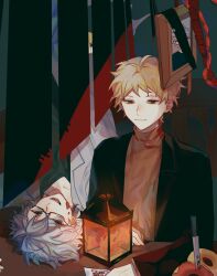  2boys alternate_eye_color atou_haruki black_eyes black_jacket black_shirt blonde_hair blood blood_on_face brown_eyes brown_sweater chinese_commentary commentary_request doughnut food glasses grey_hair highres jacket kanou_aogu knife lab_coat lantern long_sleeves male_focus multiple_boys open_clothes open_jacket paper picture_frame portrait_(object) rectangular_eyewear saibou_shinkyoku semi-rimless_eyewear shengyiyi shirt short_hair sweater turtleneck turtleneck_sweater 