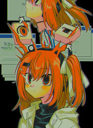  a.i._voice absurdres adachi_rei android black_background black_shirt cable closed_mouth cursor drawstring female hair_ornament hair_ribbon hairclip headlamp headphones highres jacket medium_hair menma_(enaic31) microsoft_windows multiple_views one_side_up open_clothes open_jacket orange_eyes orange_hair redrawn ribbon severed_head shirt signature turtleneck utau white_jacket white_ribbon window_(computing) windows_95 