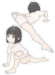  1ssakawaguchi absurdres ahoge ass bare_legs barefoot black_hair blunt_bangs blush bob_cut closed_mouth female grey_eyes highres ichika_(1ssakawaguchi) looking_at_viewer multiple_views original shirt short_hair short_shorts short_sleeves shorts simple_background split stretching toes white_background white_shirt white_shorts 