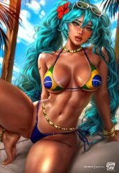  absurdres aqua_eyes aqua_hair artist_logo barefoot bead_anklet bead_choker belly_chain bikini bikini_tan bracelet brazilian_flag_bikini brazilian_flag_print brazilian_miku breasts cloud day deviantart_username eyewear_on_head female flower green_nails hair_between_eyes hair_flower hair_ornament hatsune_miku highres jewelry large_breasts lips logan_cure long_hair multicolored_bikini multicolored_clothes multiple_bracelets nail_polish navel nose_piercing outdoors parted_lips patreon_username piercing realistic rectangular_earrings side-tie_bikini_bottom sky solo sunglasses sweat swimsuit tan tanlines toenail_polish toenails twintails vocaloid watermark white-framed_eyewear yellow_nails 